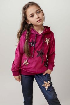 Kız Çocuk Pullu Yıldız İşlemli Kadife Sweatshirt Eşofman Altı Bordo Eşofman Takım
