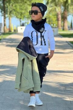 Erkek Çocuk OK Yazı Baskılı Kazak Yeşil Peluş Yünlü Ceket Penye Alt Eşofman Takım