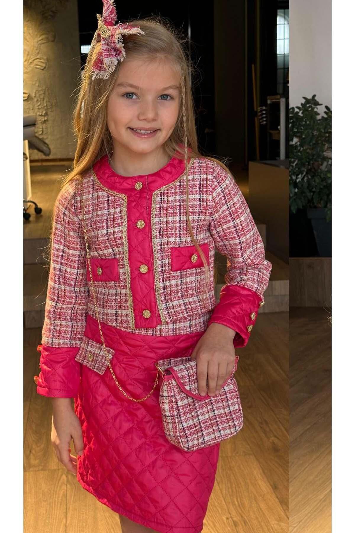 Kız Çocuk Kapitone ve Altın Şerit Detaylı Şanel Fuşya Etekli Takım