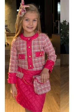 Kız Çocuk Kapitone ve Altın Şerit Detaylı Şanel Fuşya Etekli Takım