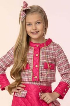 Kız Çocuk Kapitone ve Altın Şerit Detaylı Şanel Fuşya Etekli Takım
