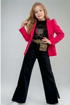 Kız Çocuk Leopar Detaylı Tişört ve Yırtmaçlı Geniş Paça Kot Pantolonlu Fuşya Blazer Ceketli Alt Üst Takım