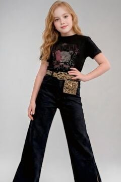 Kız Çocuk Leopar Detaylı Tişört ve Yırtmaçlı Geniş Paça Kot Pantolonlu Fuşya Blazer Ceketli Alt Üst Takım