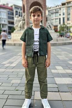 Erkek Çocuk Üzeri Şerit Detaylı Kapüşonlu Kot Ceket Freshness Baskılı T-Shirt Haki Alt Üst Takım