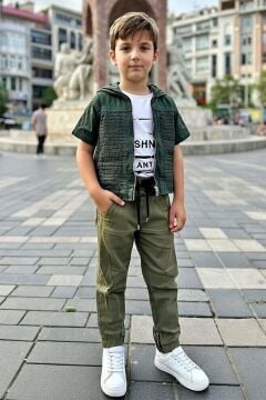 Erkek Çocuk Üzeri Şerit Detaylı Kapüşonlu Kot Ceket Freshness Baskılı T-Shirt Haki Alt Üst Takım