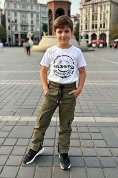 Erkek Çocuk Üzeri Şerit Detaylı Kapüşonlu Kot Ceket Freshness Baskılı T-Shirt Haki Alt Üst Takım