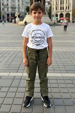 Erkek Çocuk Üzeri Şerit Detaylı Kapüşonlu Kot Ceket Freshness Baskılı T-Shirt Haki Alt Üst Takım