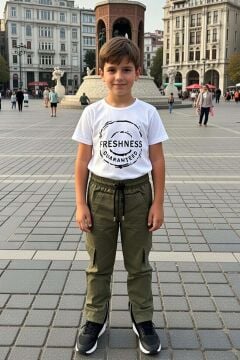 Erkek Çocuk Üzeri Şerit Detaylı Kapüşonlu Kot Ceket Freshness Baskılı T-Shirt Haki Alt Üst Takım
