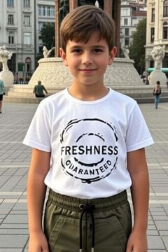 Erkek Çocuk Üzeri Şerit Detaylı Kapüşonlu Kot Ceket Freshness Baskılı T-Shirt Haki Alt Üst Takım