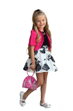 Kız Çocuk Şeffaf Dantelli Bluz ve Askılı Atlet Fuşya Blazer Ceket Gül Baskılı Etekli Takım