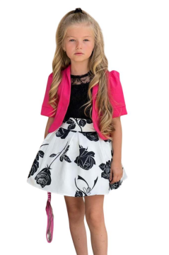 Kız Çocuk Şeffaf Dantelli Bluz ve Askılı Atlet Fuşya Blazer Ceket Gül Baskılı Etekli Takım