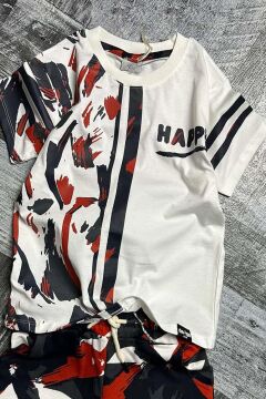 Erkek Çocuk Happy Yazı ve Kamuflaj Desenli Cepli Kırmızı Şortlu Takım