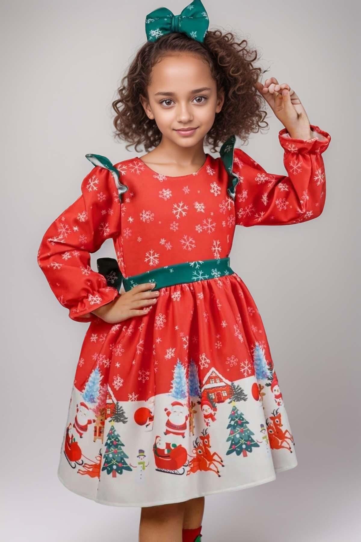 Kız Çocuk Omuzları Fırfırlı Geyik ve Kar Tanesi Baskılı Kırmızı Noel Elbise