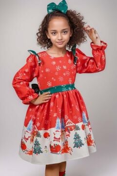 Kız Çocuk Omuzları Fırfırlı Geyik ve Kar Tanesi Baskılı Kırmızı Noel Elbise