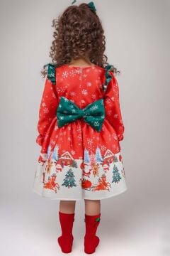 Kız Çocuk Omuzları Fırfırlı Geyik ve Kar Tanesi Baskılı Kırmızı Noel Elbise