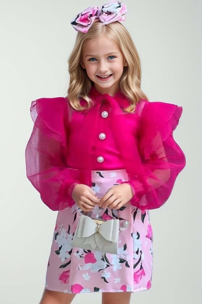 Kız Çocuk Boydan Düğmelei Transparan Detaylı Fuşya Etekli Takım