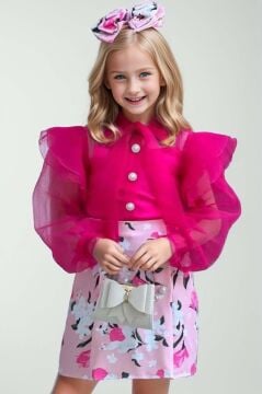 Kız Çocuk Boydan Düğmelei Transparan Detaylı Fuşya Etekli Takım