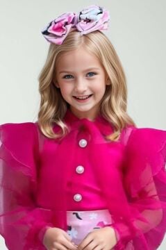 Kız Çocuk Boydan Düğmelei Transparan Detaylı Fuşya Etekli Takım