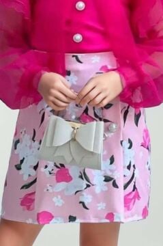 Kız Çocuk Boydan Düğmelei Transparan Detaylı Fuşya Etekli Takım