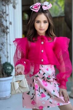 Kız Çocuk Boydan Düğmelei Transparan Detaylı Fuşya Etekli Takım