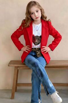 Kız Çocuk Leopar Detaylı Tişört ve Yırtmaçlı Geniş Paça Kot Pantolonlu Kırmızı Blazer Ceketli Alt Üst Takım