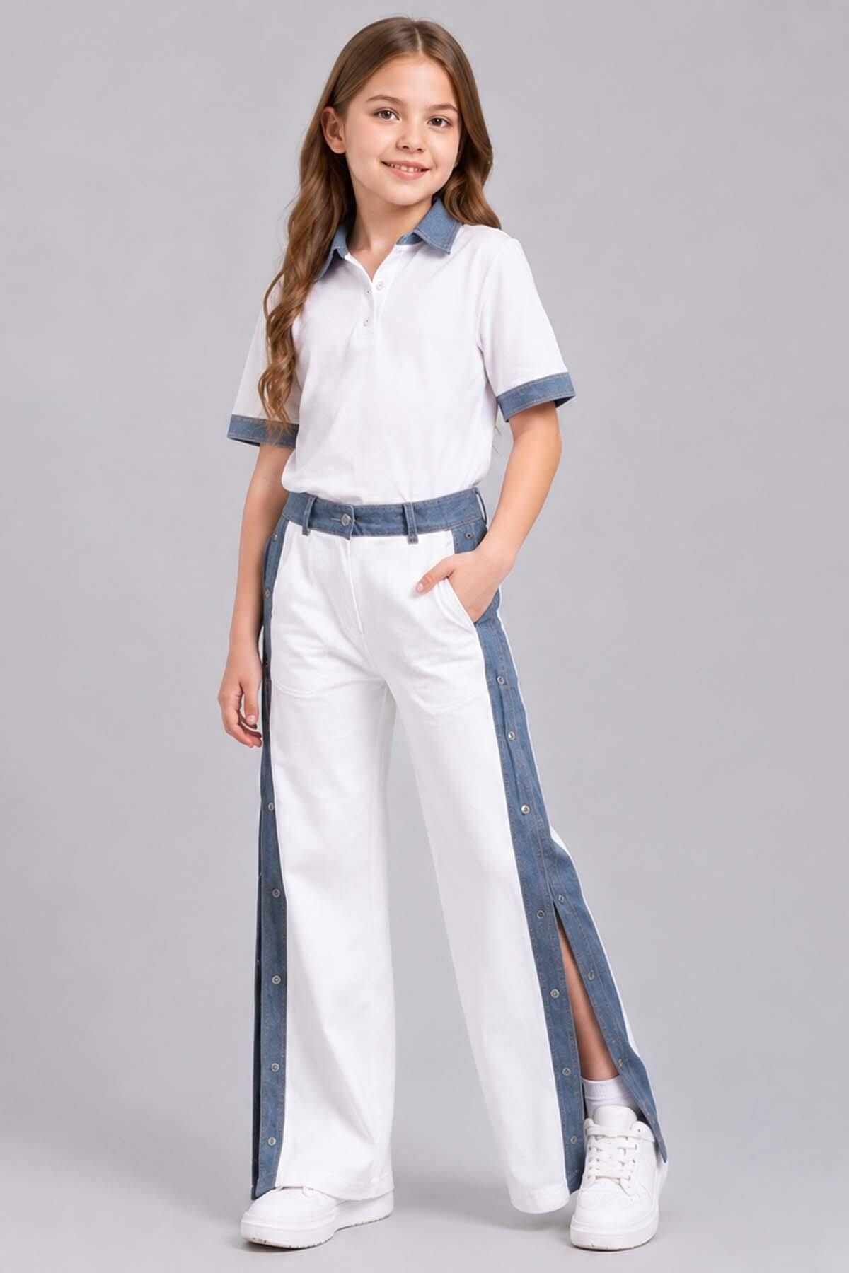 Kız Çocuk Polo Yaka Kol Uçları Jean Detaylı T-shirt Boydan Cıtcıt Yırtmaç Detaylı Beyaz Alt Üst Takım