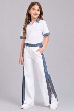Kız Çocuk Polo Yaka Kol Uçları Jean Detaylı T-shirt Boydan Cıtcıt Yırtmaç Detaylı Beyaz Alt Üst Takım
