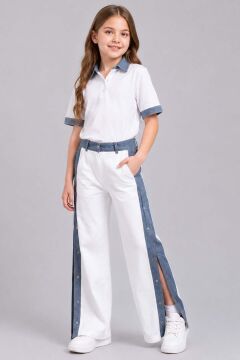 Kız Çocuk Polo Yaka Kol Uçları Jean Detaylı T-shirt Boydan Cıtcıt Yırtmaç Detaylı Beyaz Alt Üst Takım