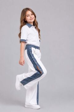 Kız Çocuk Polo Yaka Kol Uçları Jean Detaylı T-shirt Boydan Cıtcıt Yırtmaç Detaylı Beyaz Alt Üst Takım