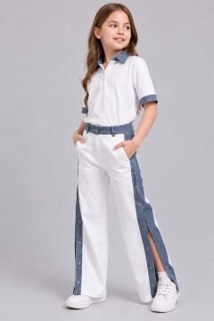 Kız Çocuk Polo Yaka Kol Uçları Jean Detaylı T-shirt Boydan Cıtcıt Yırtmaç Detaylı Beyaz Alt Üst Takım