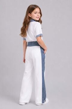 Kız Çocuk Polo Yaka Kol Uçları Jean Detaylı T-shirt Boydan Cıtcıt Yırtmaç Detaylı Beyaz Alt Üst Takım