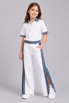 Kız Çocuk Polo Yaka Kol Uçları Jean Detaylı T-shirt Boydan Cıtcıt Yırtmaç Detaylı Beyaz Alt Üst Takım