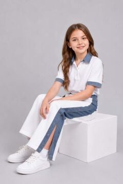 Kız Çocuk Polo Yaka Kol Uçları Jean Detaylı T-shirt Boydan Cıtcıt Yırtmaç Detaylı Beyaz Alt Üst Takım