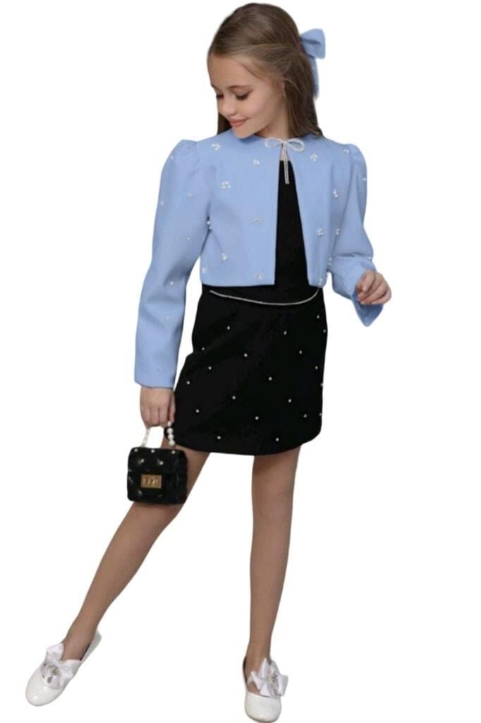 Kız Çocuk Üzeri Taş İşlemeli Etek Askılı Penye Bluz ve Mavi Blazer Ceket Etekli Takım