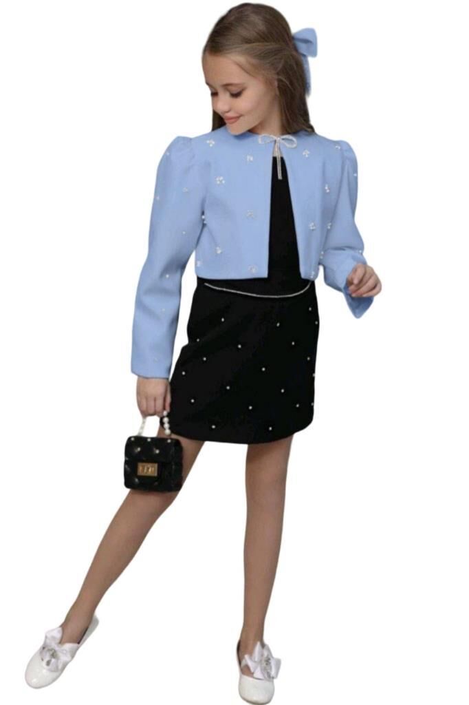 Kız Çocuk Üzeri Taş İşlemeli Etek Askılı Penye Bluz ve Mavi Blazer Ceket Etekli Takım