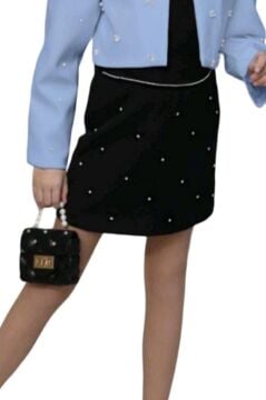 Kız Çocuk Üzeri Taş İşlemeli Etek Askılı Penye Bluz ve Mavi Blazer Ceket Etekli Takım