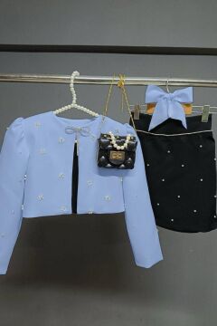 Kız Çocuk Üzeri Taş İşlemeli Etek Askılı Penye Bluz ve Mavi Blazer Ceket Etekli Takım