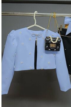 Kız Çocuk Üzeri Taş İşlemeli Etek Askılı Penye Bluz ve Mavi Blazer Ceket Etekli Takım