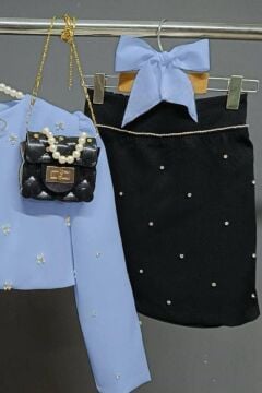 Kız Çocuk Üzeri Taş İşlemeli Etek Askılı Penye Bluz ve Mavi Blazer Ceket Etekli Takım