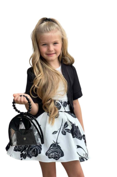 Kız Çocuk Şeffaf Dantelli Bluz ve Askılı Atlet Siyah Blazer Ceket Gül Baskılı Etekli Takım