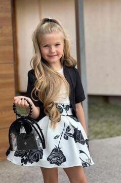 Kız Çocuk Şeffaf Dantelli Bluz ve Askılı Atlet Siyah Blazer Ceket Gül Baskılı Etekli Takım