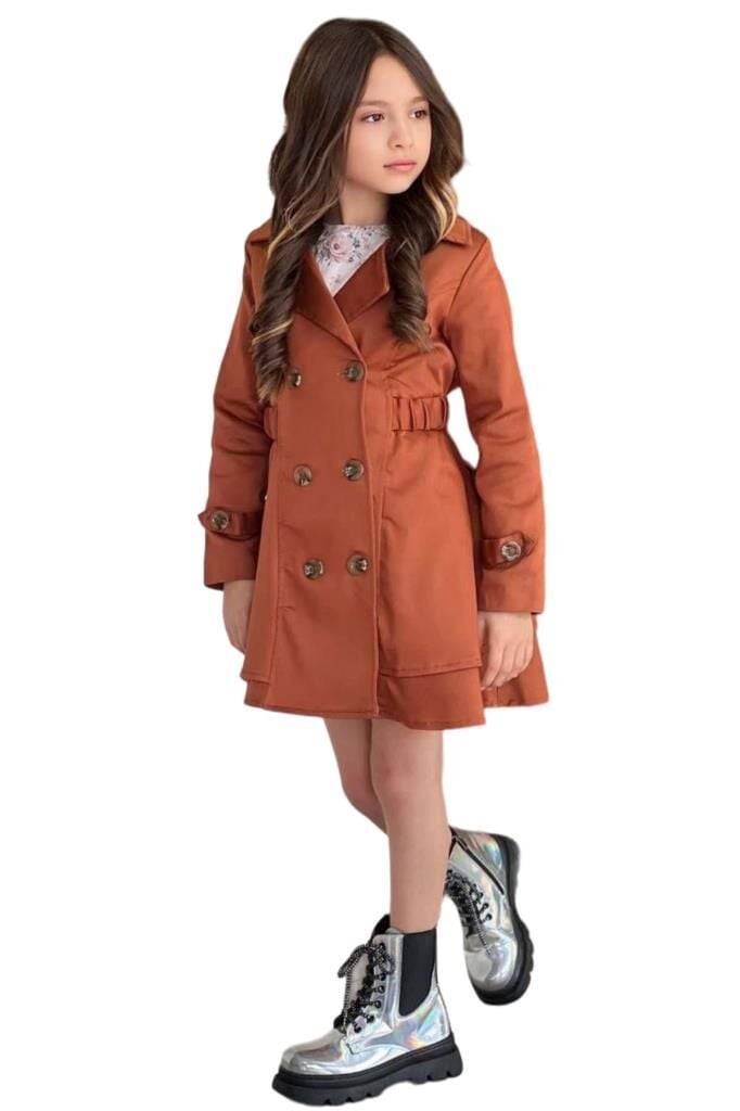 Kız Çocuk Çiçek Desenli Piliseli Kiremit Trençkotlu Elbise