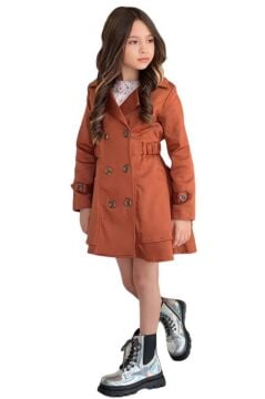 Kız Çocuk Çiçek Desenli Piliseli Kiremit Trençkotlu Elbise