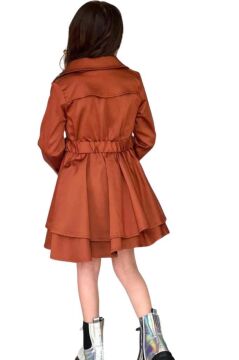 Kız Çocuk Çiçek Desenli Piliseli Kiremit Trençkotlu Elbise