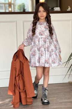 Kız Çocuk Çiçek Desenli Piliseli Kiremit Trençkotlu Elbise