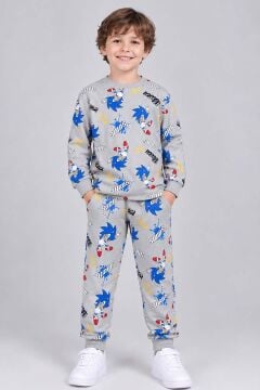 Erkek Çocuk Üzerinde Sonic Yazı ve Karakter Baskılı Gri Pijama Takımı