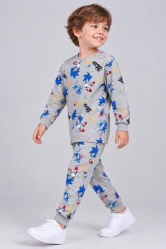 Erkek Çocuk Üzerinde Sonic Yazı ve Karakter Baskılı Gri Pijama Takımı