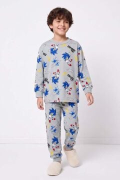 Erkek Çocuk Üzerinde Sonic Yazı ve Karakter Baskılı Gri Pijama Takımı