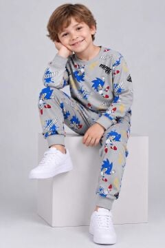 Erkek Çocuk Üzerinde Sonic Yazı ve Karakter Baskılı Gri Pijama Takımı