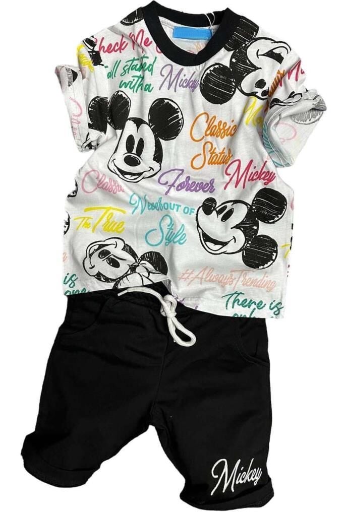 Erkek Çocuk Renkli Yazılar ve Karakter Baskılı Siyah Şortlu Takım